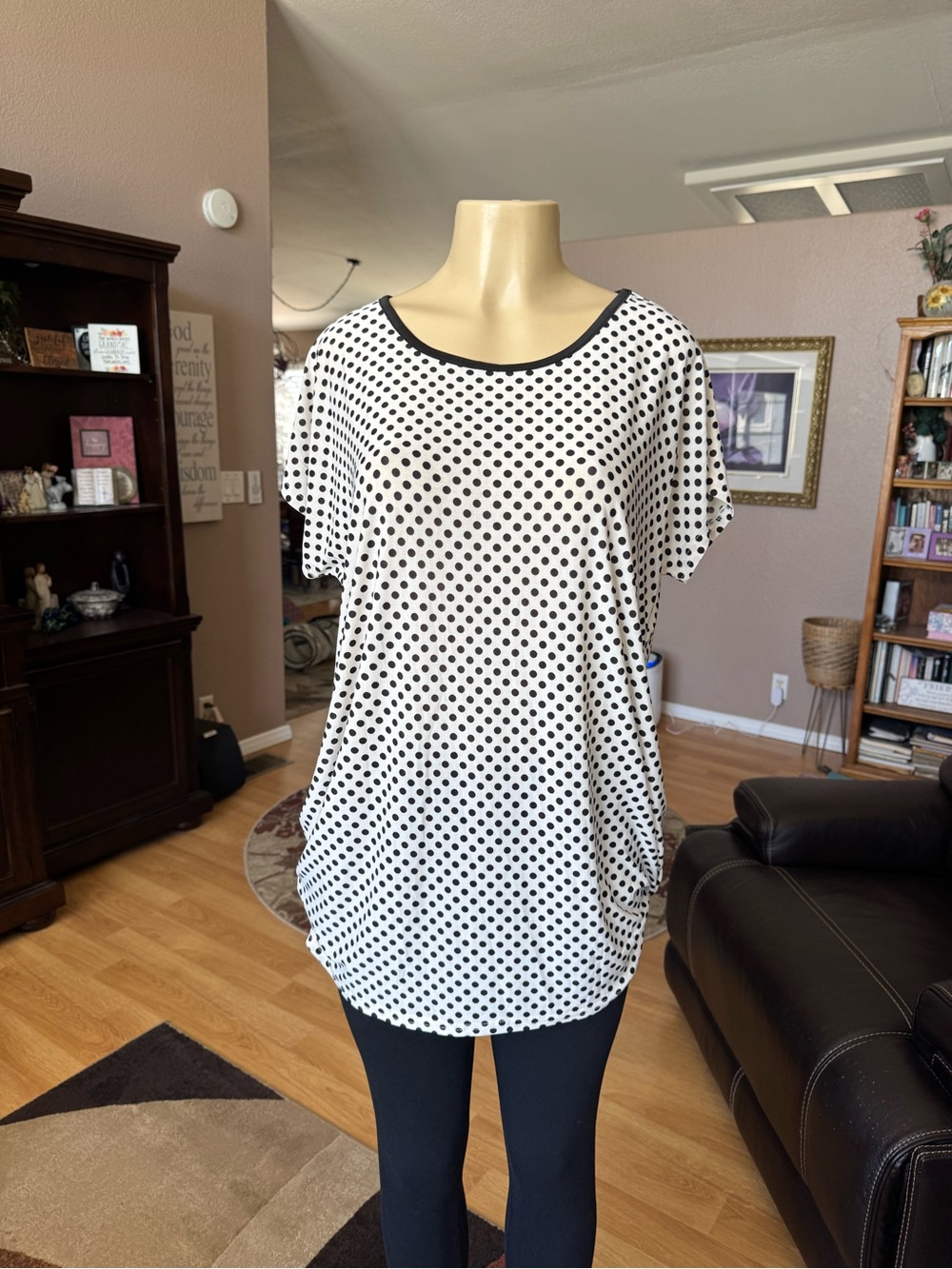 Leewon black & white polka dot short sleeve tunic-size L